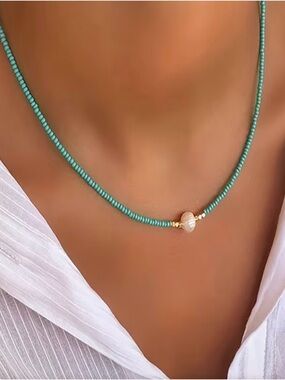 Minimalist Delicate Pearl Pendant Necklace In Turquoise Blue. 1 6.5”. Free Ship.